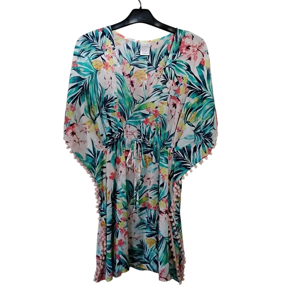 Merona Womens Tropical Floral Pom Pom Trim Kaftan Beach Cover Up Small
